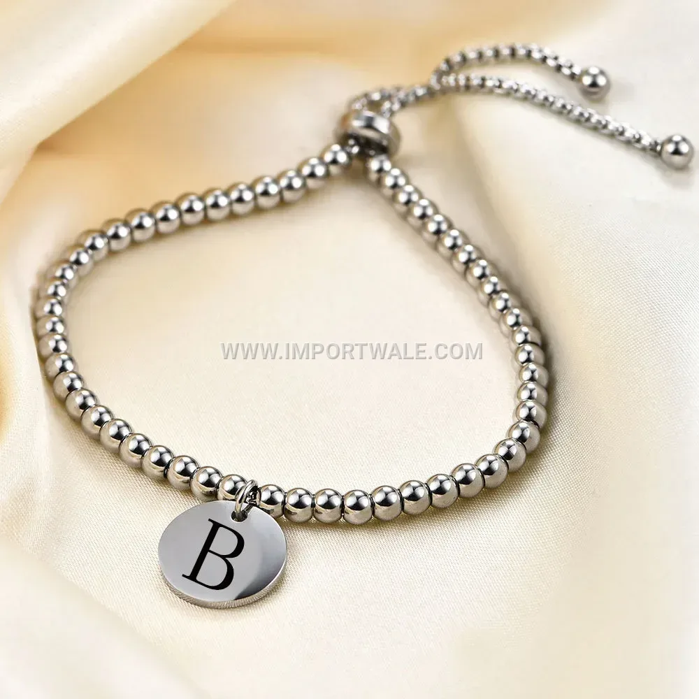 Adjustable Stainless Steel Bead Chain Bracelet With Engraved Initial Disc