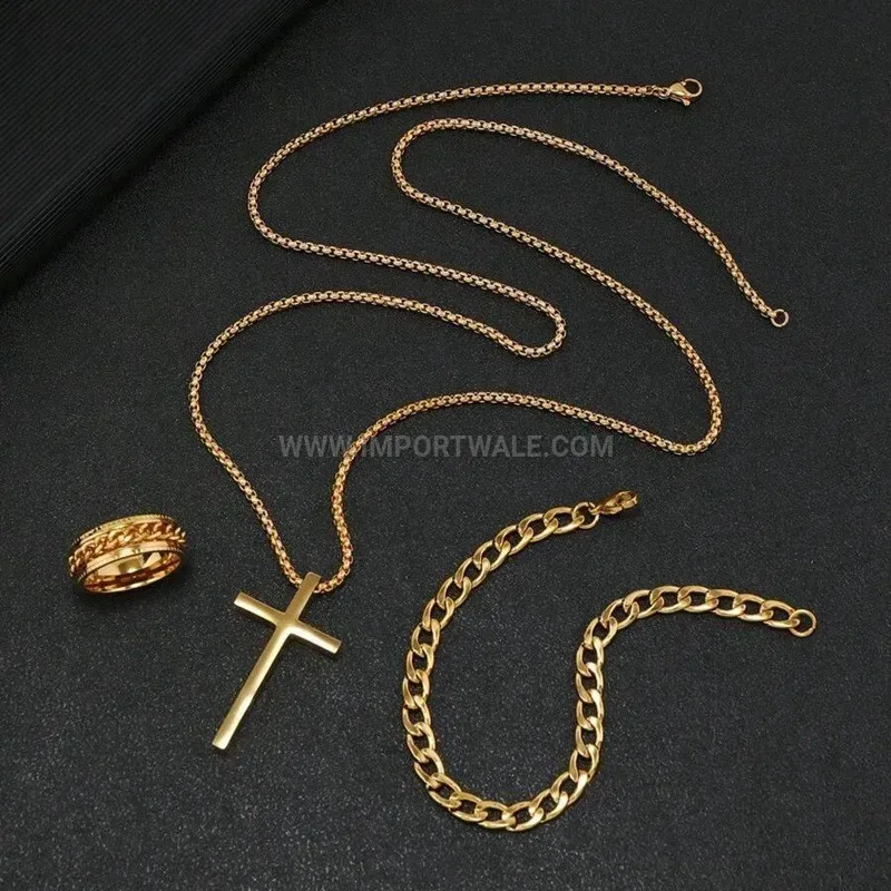 Streetwear Stainless Steel Cross Pendant Three Piece Jewelry Set