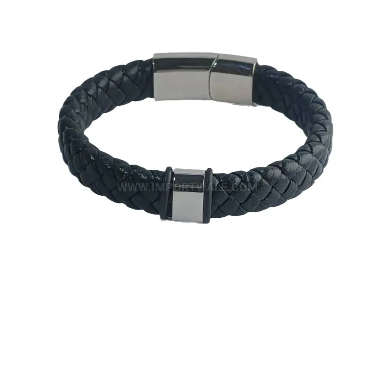 Minimalist Black Leather Strap Stainless Steel Accent Wristband for Men