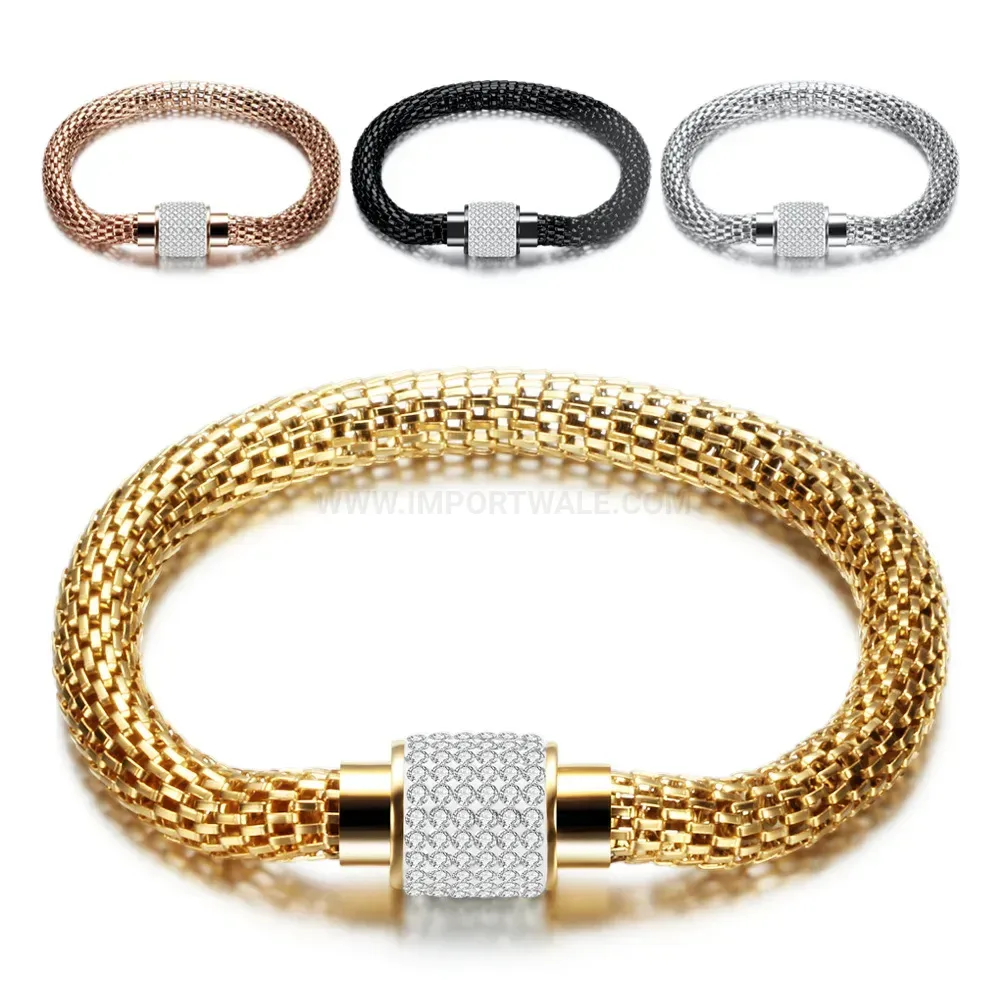 Vintage Cable Stainless Steel Bangle Bracelet with Rhinestones