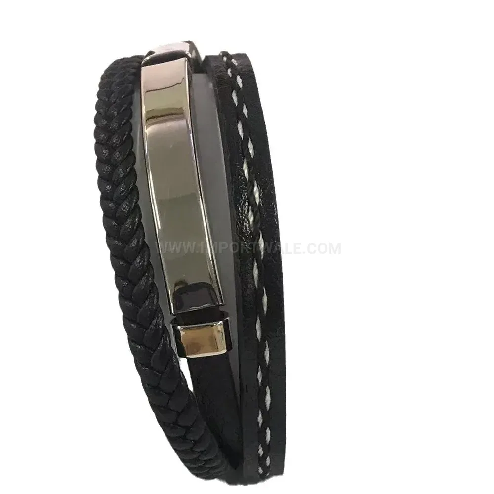Multi Strand Leather Wristband with Stainless Steel Magnetic Clasp