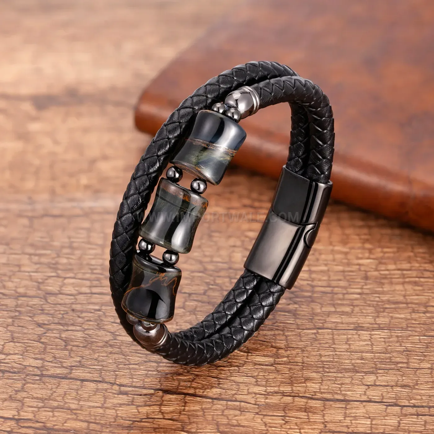 Bamboo Joint Stone Leather Cording Bracelet with Stainless Steel Clasp