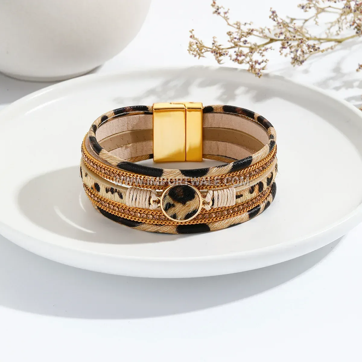 Leopard Print Faux Fur Leather Magnetic Clasp Bangle