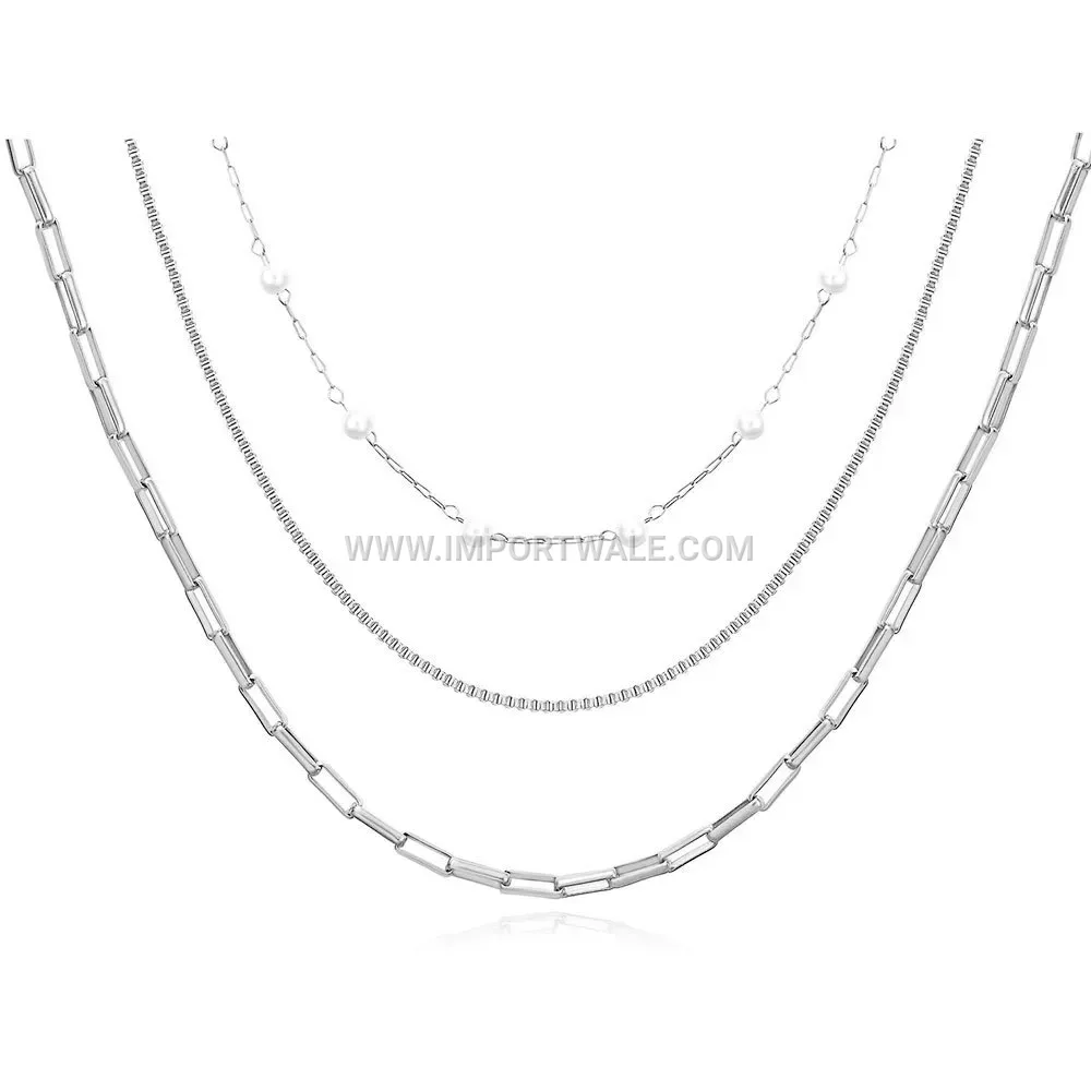 Layered Stainless Steel Chain Necklace with Pearl Accent
