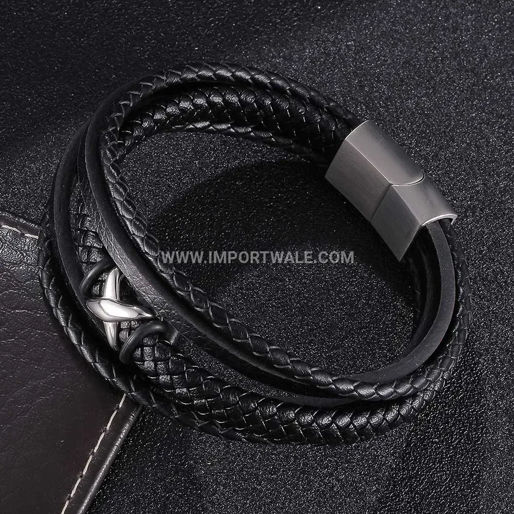 Multi Layer Braided Leather Stainless Steel Magnetic Clasp Bracelet