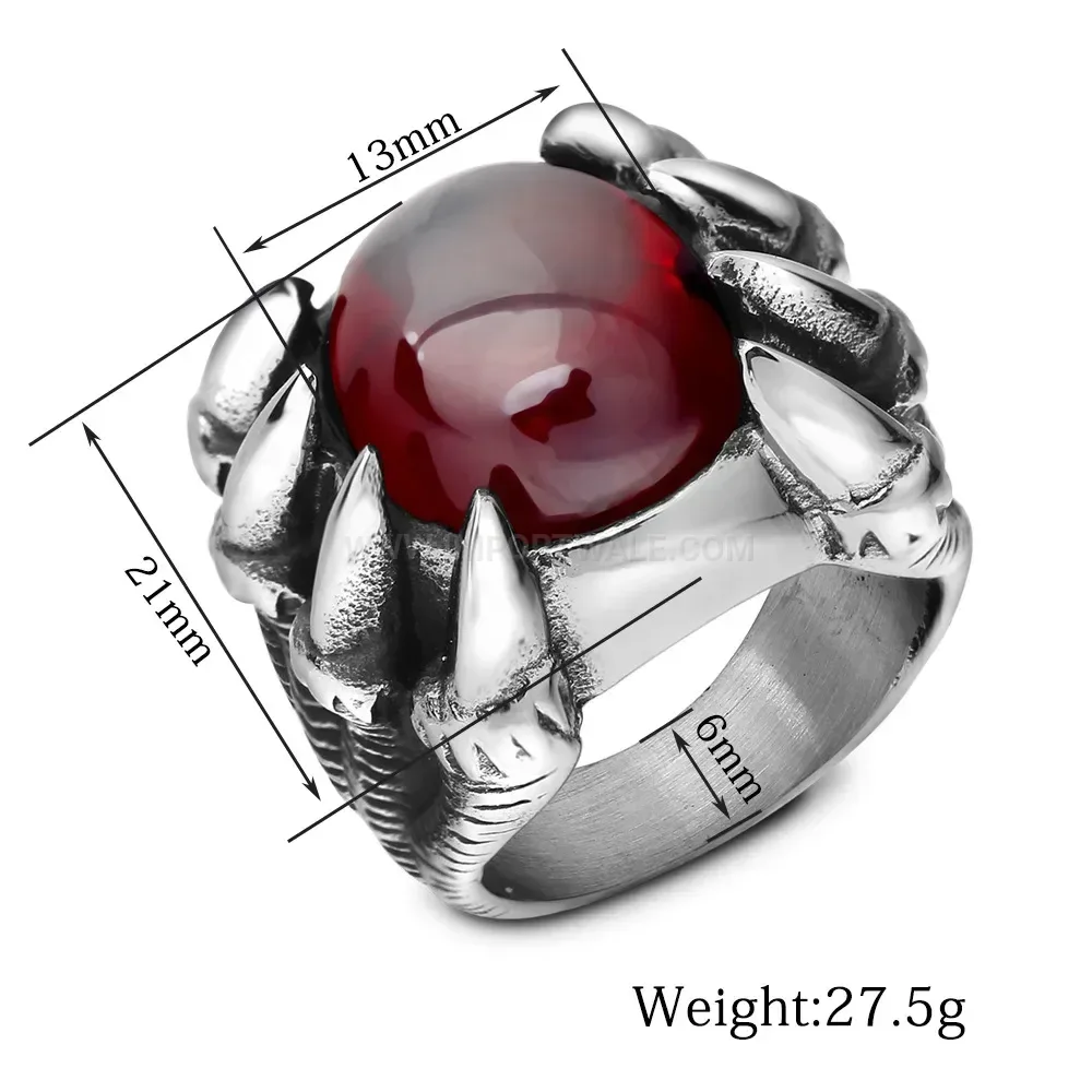 Bold Gothic Claw Titanium Steel Ring Set with Red Gemstone