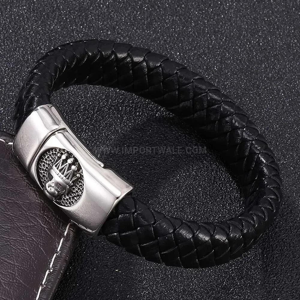 Skull And Crown Leather Wristband With Stainless Steel Magnetic Clasp