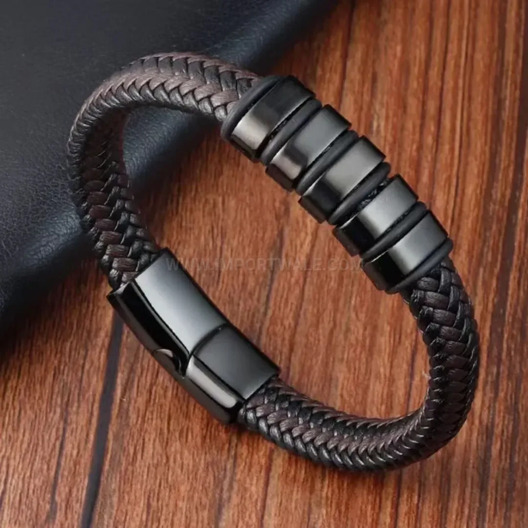Classic Woven Leather Wristband Bracelet With Metal Accent