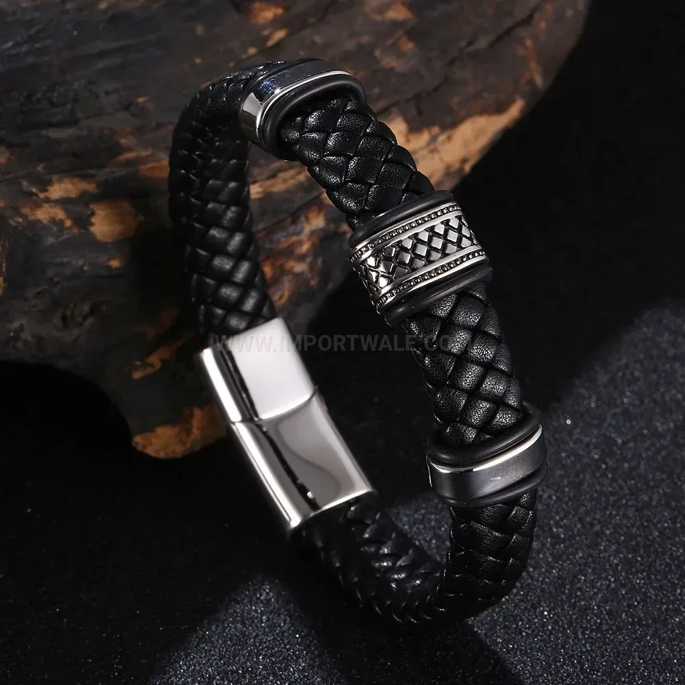 Vintage Woven Leather Bracelet with Stainless Steel Clasp