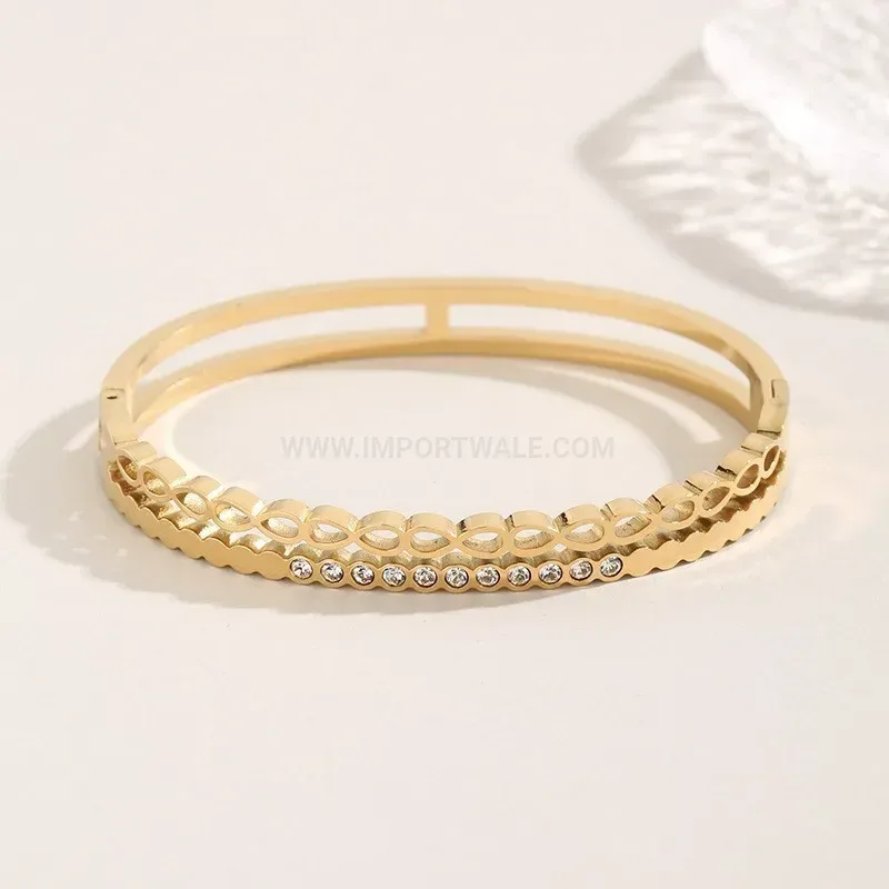 Bold Double Layer Wave Cutout Zircon Titanium Bangle