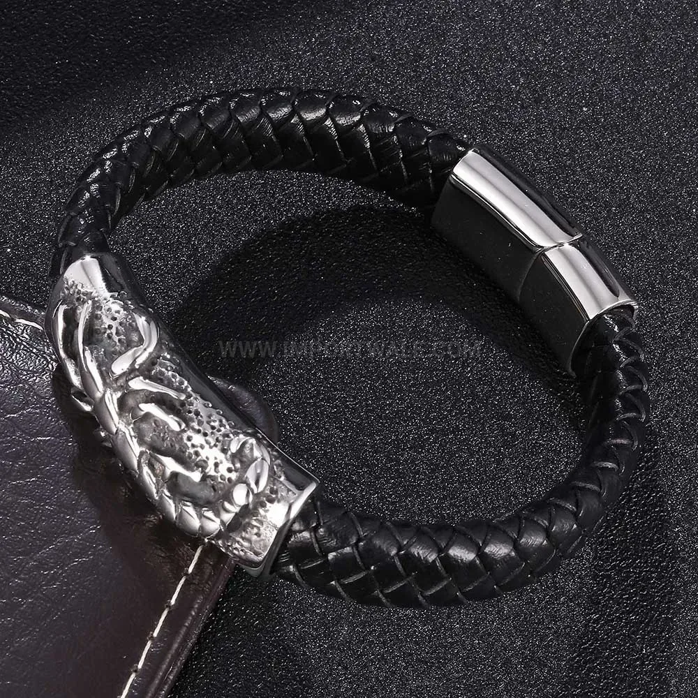 Black Leather Strap Bracelet with Stainless Steel Magnetic Scorpion Clasp