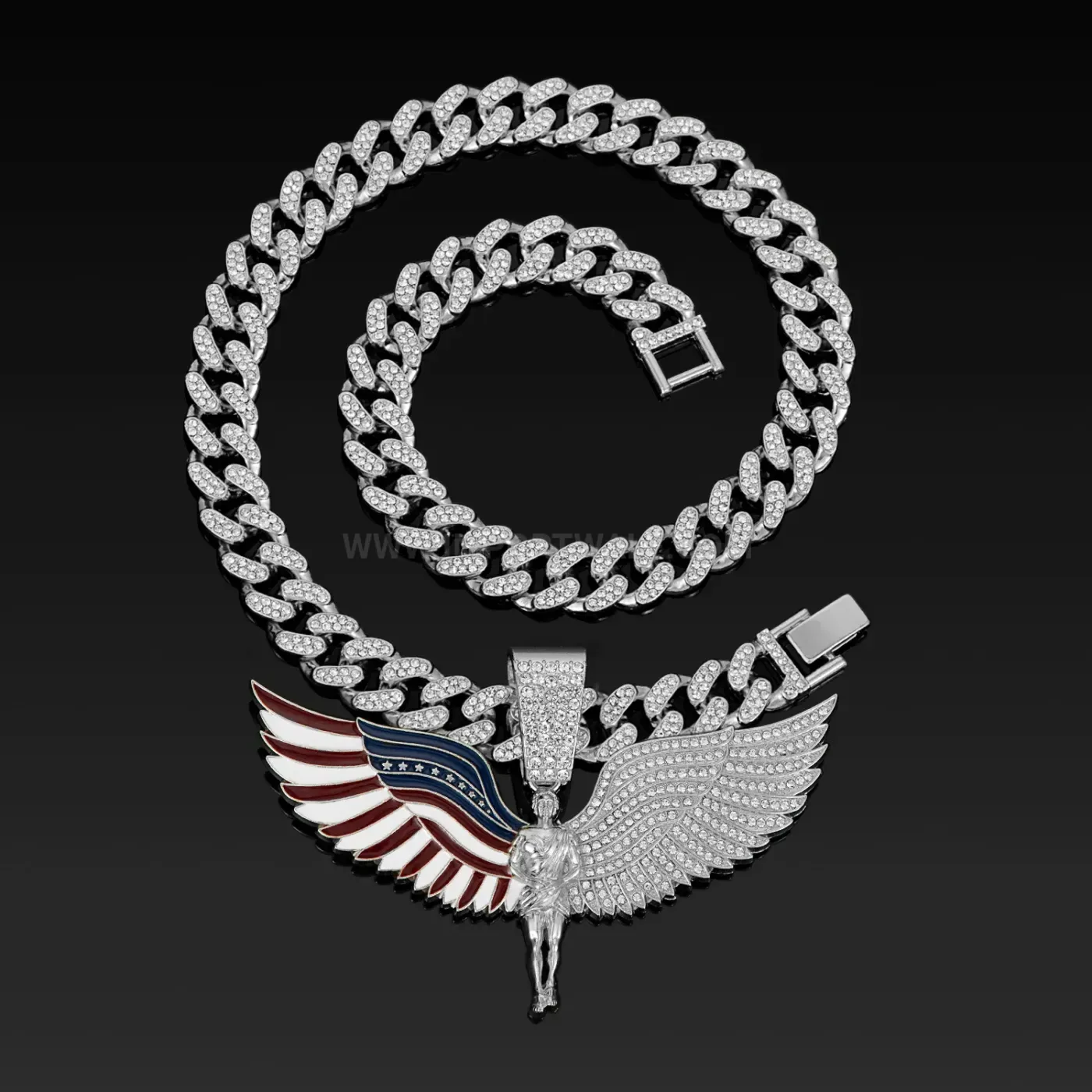 Iced Out Angel Wings US Flag Pendant Cuban Chain Necklace