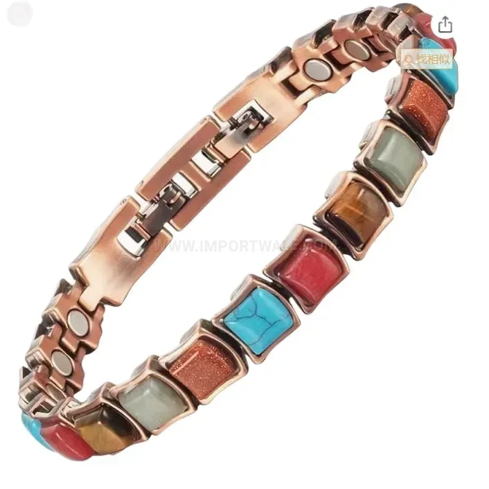 Chic Vintage Turquoise Square Patchwork Copper Bio Magnetic Bracelet