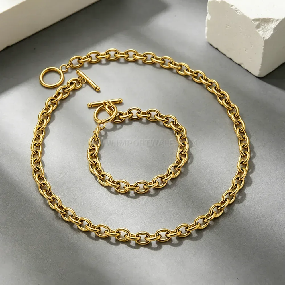 Elegant Stainless Steel OT Clasp Chain Necklace and Bracelet Set
