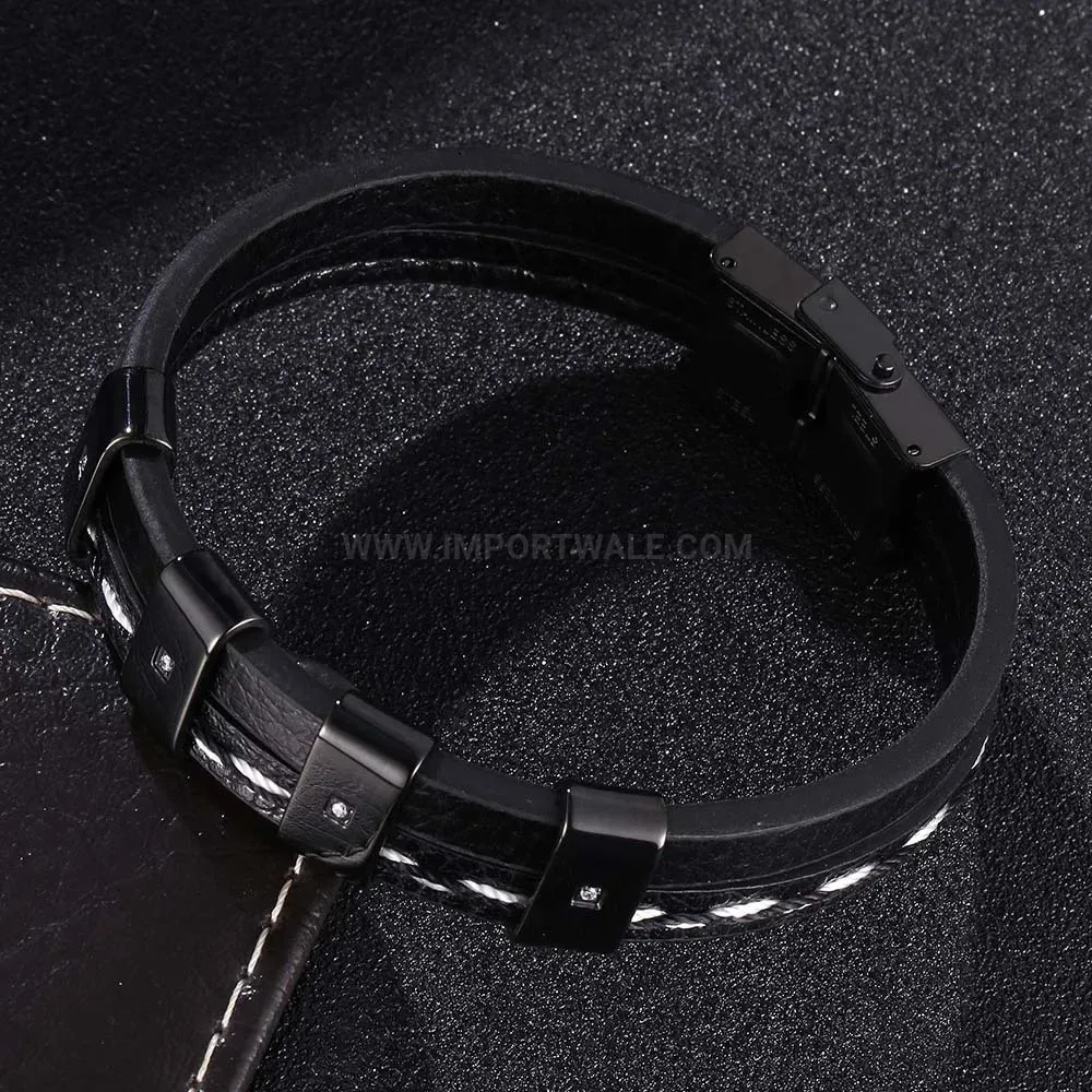 Multi-Layer Woven Leather Bracelet with Gemstone Titanium Accents