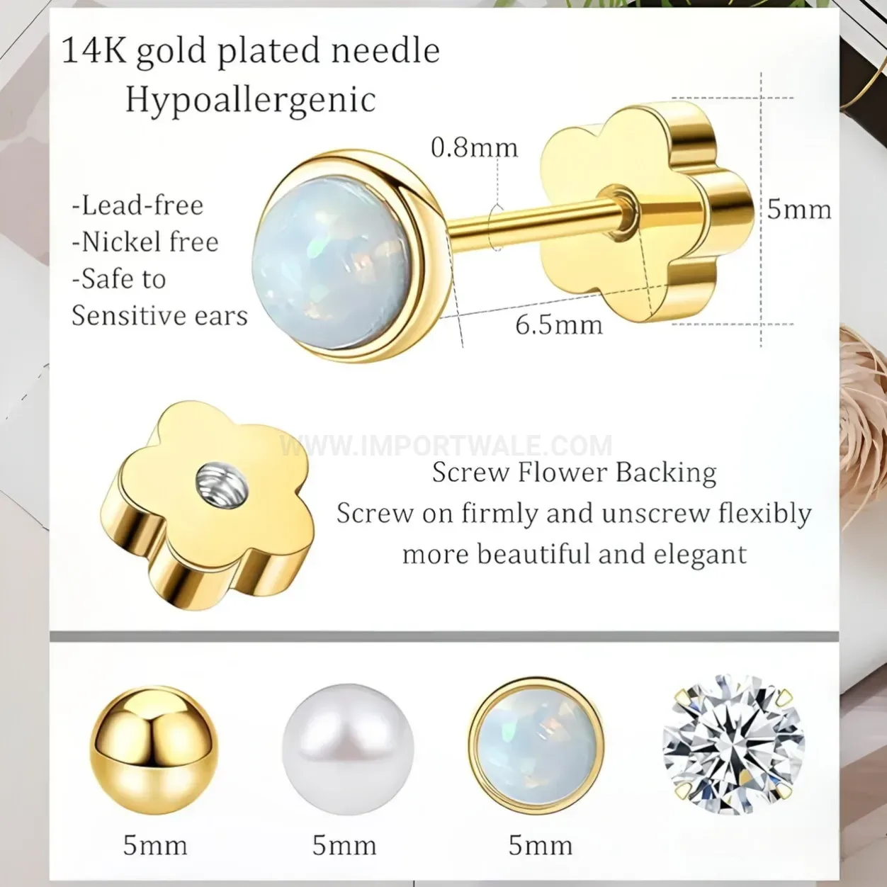 Stylish Four Leaf Clover Pearl Zirconia Screw Back Stainless Steel Piercing Set
