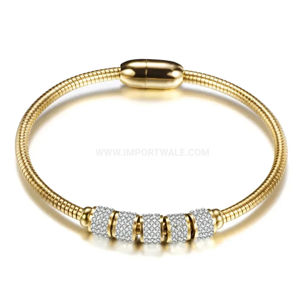 Classic Rhinestone Snake Chain Stainless Steel Bangle with Magnetic Clasp