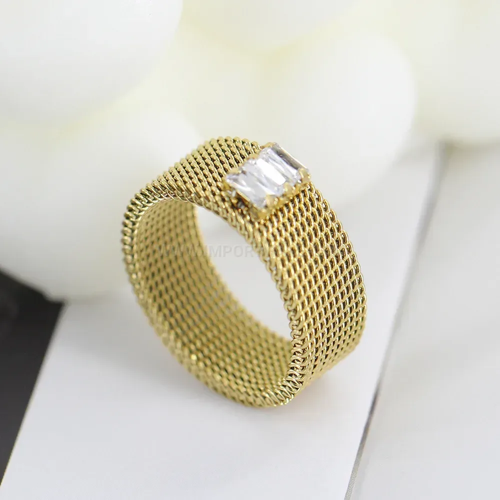 Wide Mesh Crystal Embellished Stainless Steel Ring