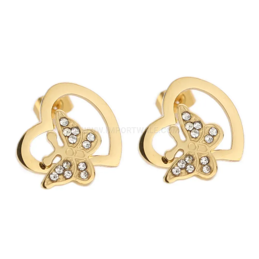 Elegant Gold Stainless Steel Cutout Heart Butterfly Rhinestone Stud Earrings