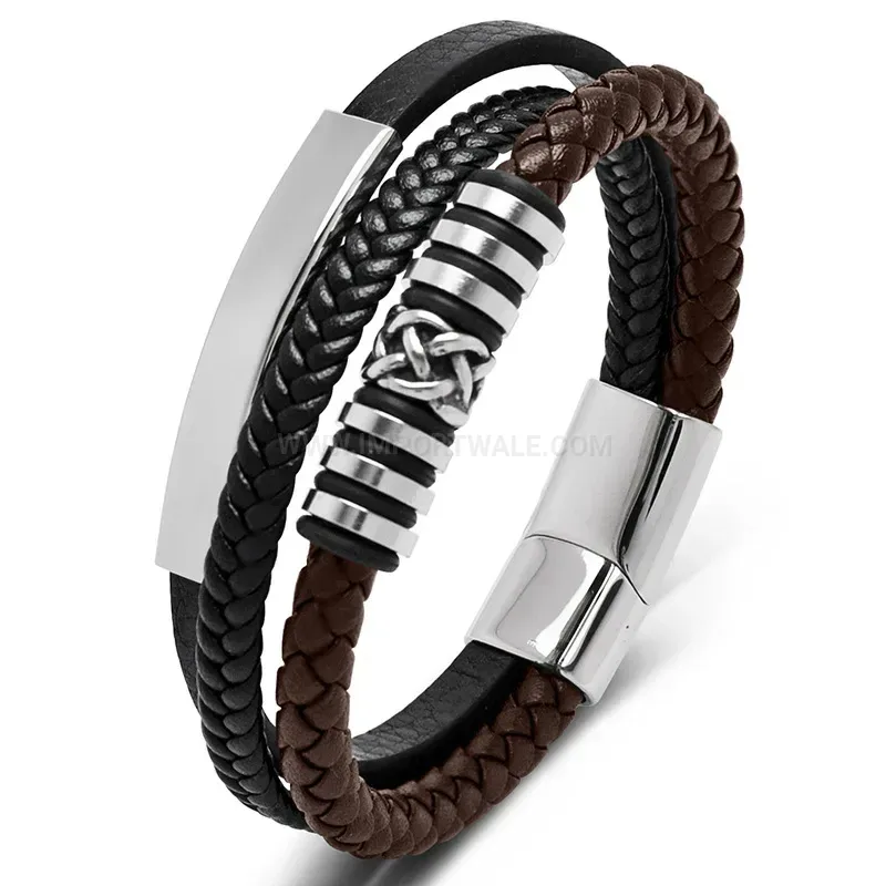 Bold Twisted Stainless Steel Bead Dual Color Leather Men Wristband