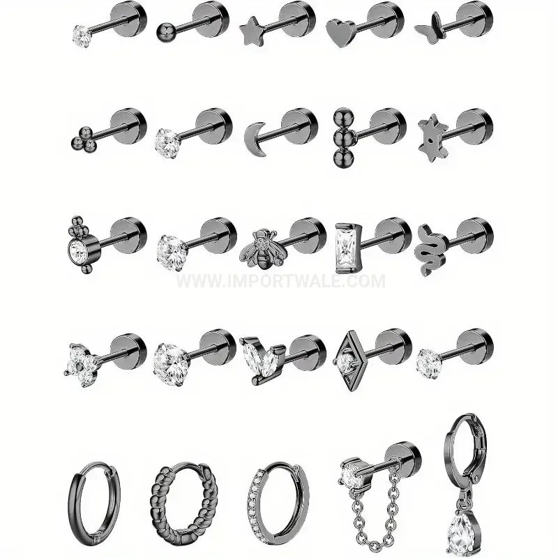 Premium Stainless Steel Rhinestone and Pearl Piercing Cartilage Stud Earring Set