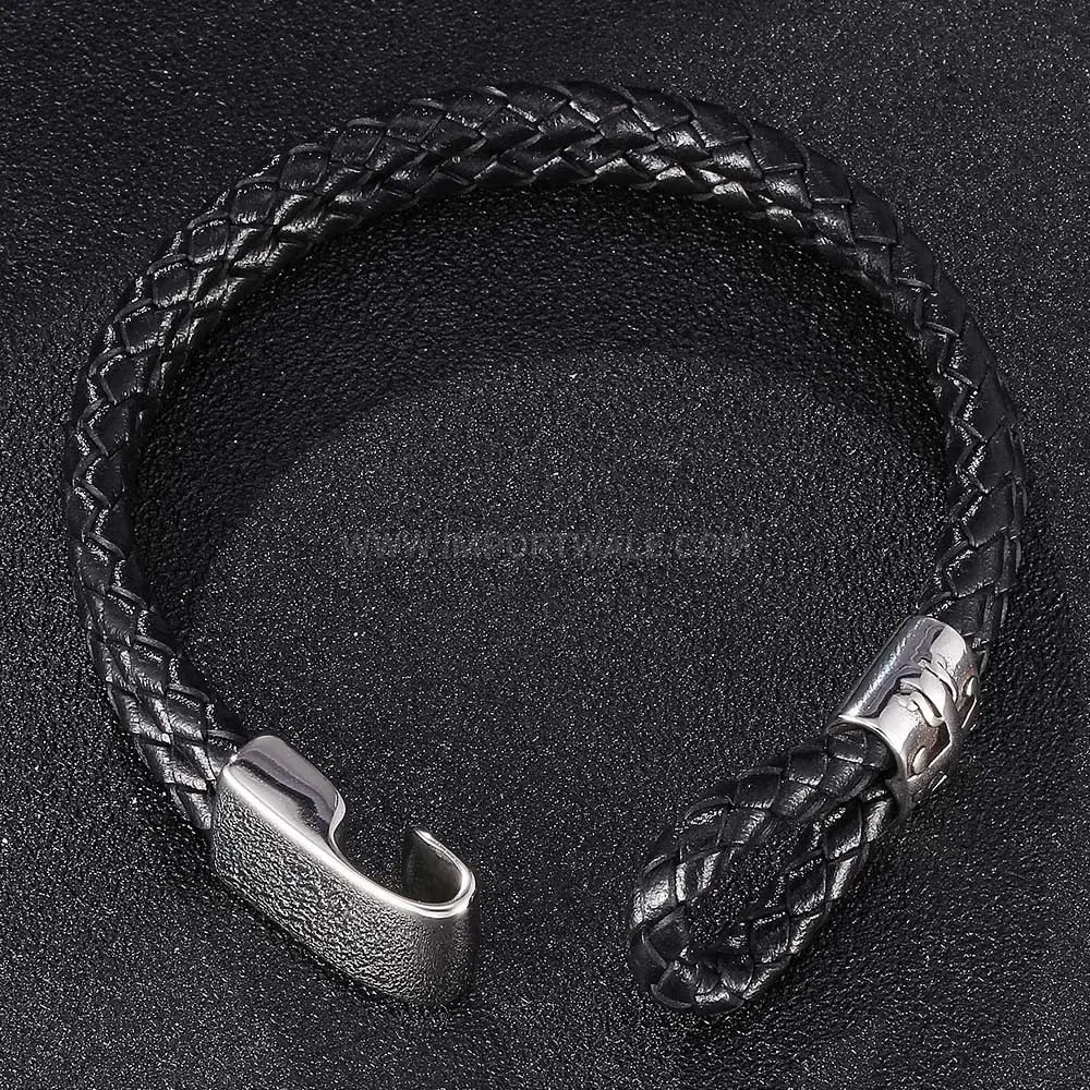 Braided Leather Hook Stainless Steel Mens Cuff Bracelet