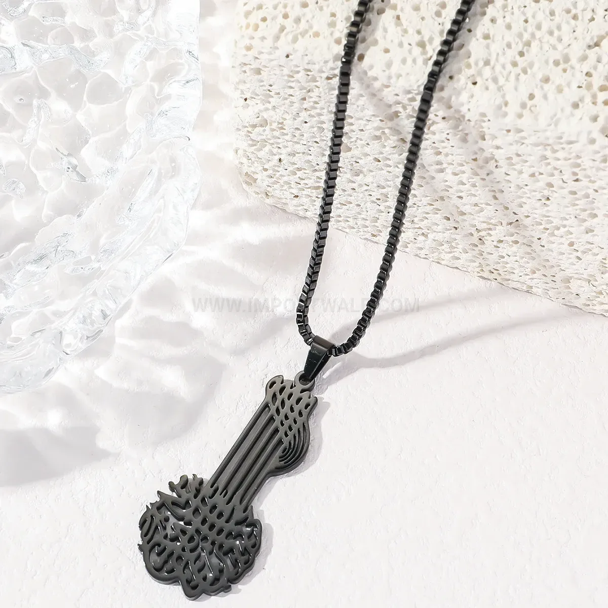 Premium Guitar Motif Arabic Calligraphy Stainless Steel Pendant Necklace