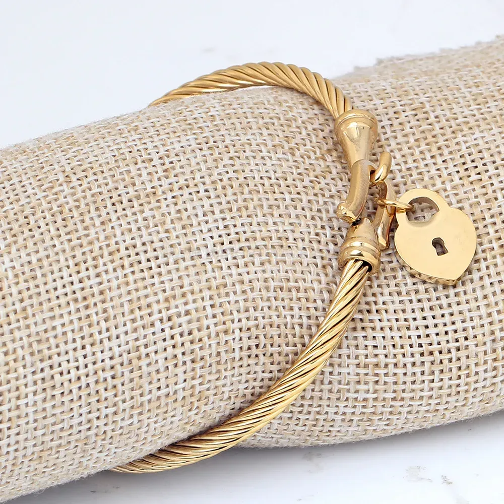Chic 18K Gold Plated Twisted Cable Bangle with Heart Lock Clasp