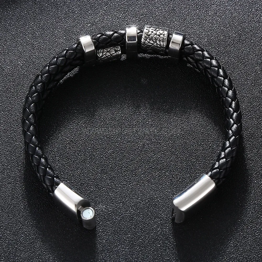 Woven Leather Cording Bracelet with Stainless Steel Magnetic Clasp