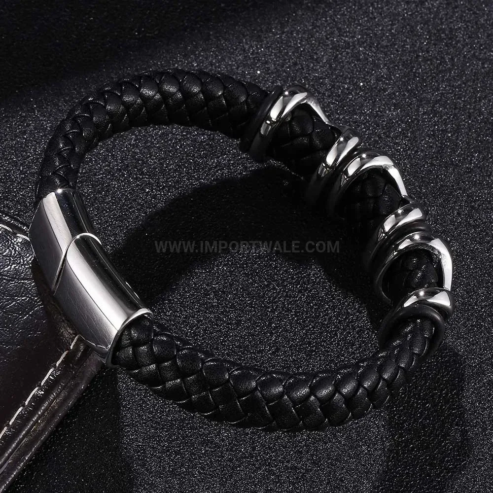 Men's Woven Leather Bracelet with Stainless Steel X Accent