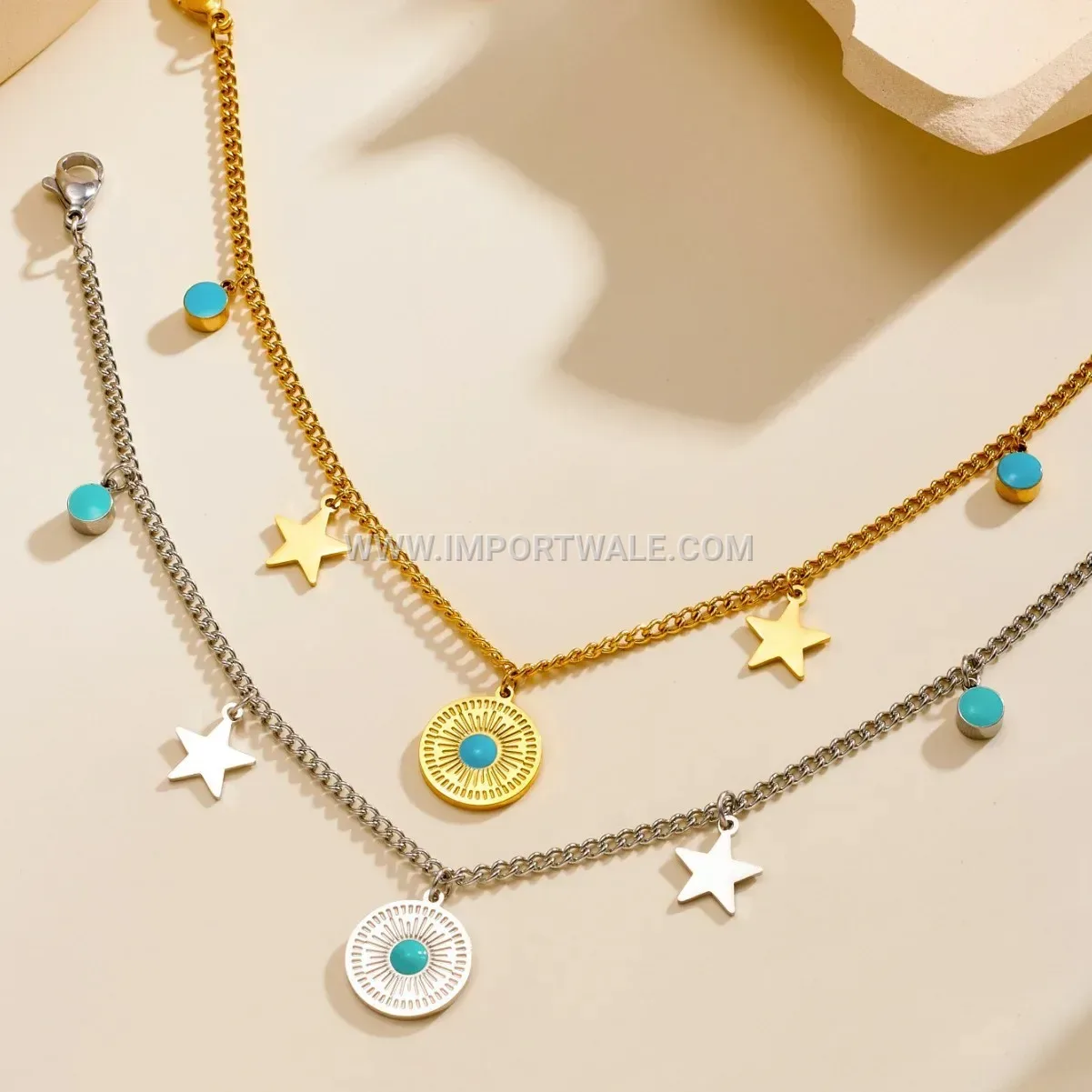 Gradient Blue Stone Star Disc Stainless Steel Anklet