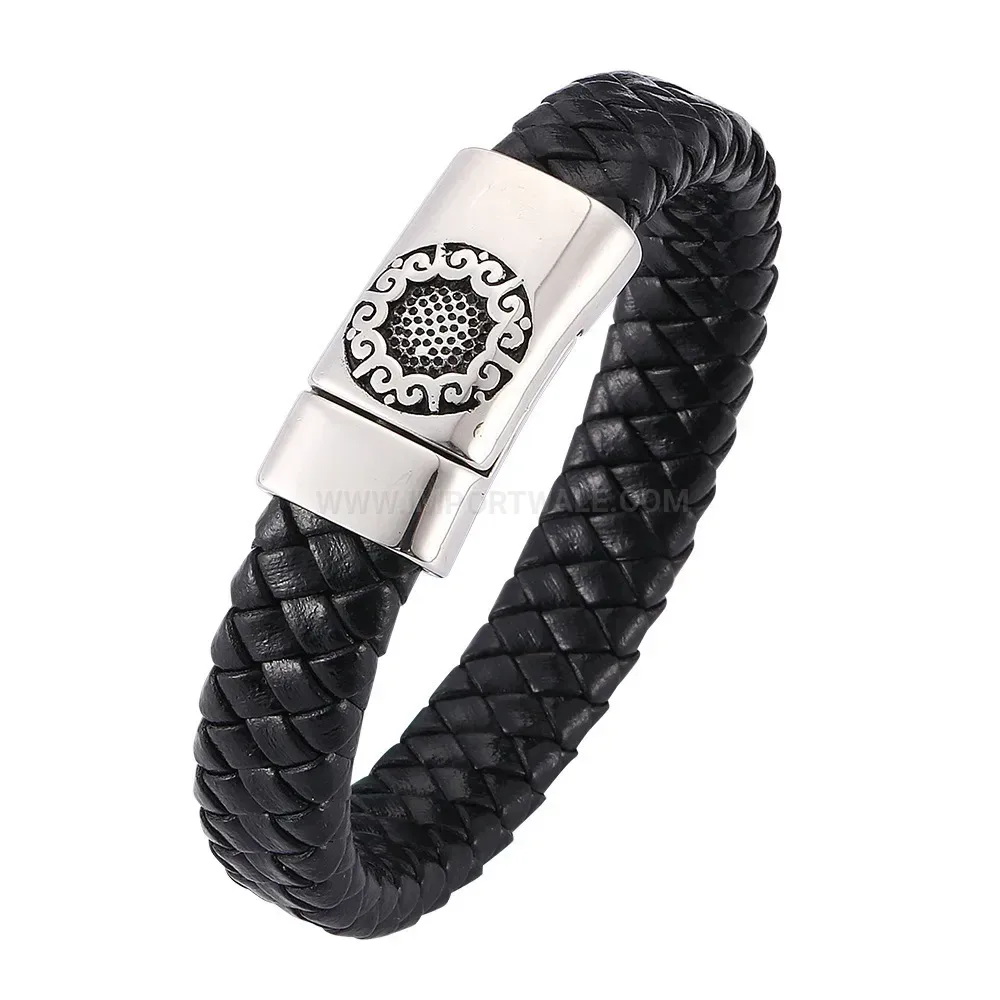 Vintage Black Leather Bracelet with Stainless Steel Magnetic Clasp