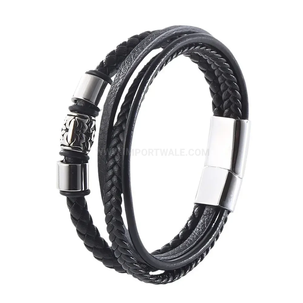 Multi Strand Woven Leather Bracelet with Stainless Steel Clasp