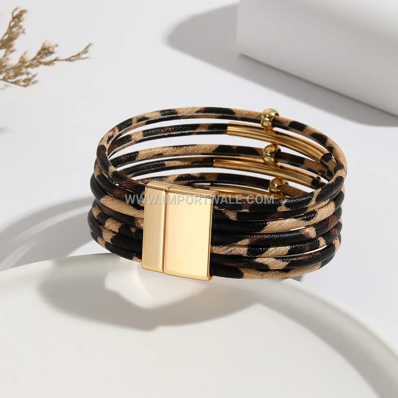 Multi-Strand Leopard Print Leather Bracelet with Curved Tube
