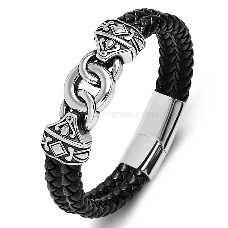 Modern Two Tone Braided Leather Stainless Steel Buckle Bracelet