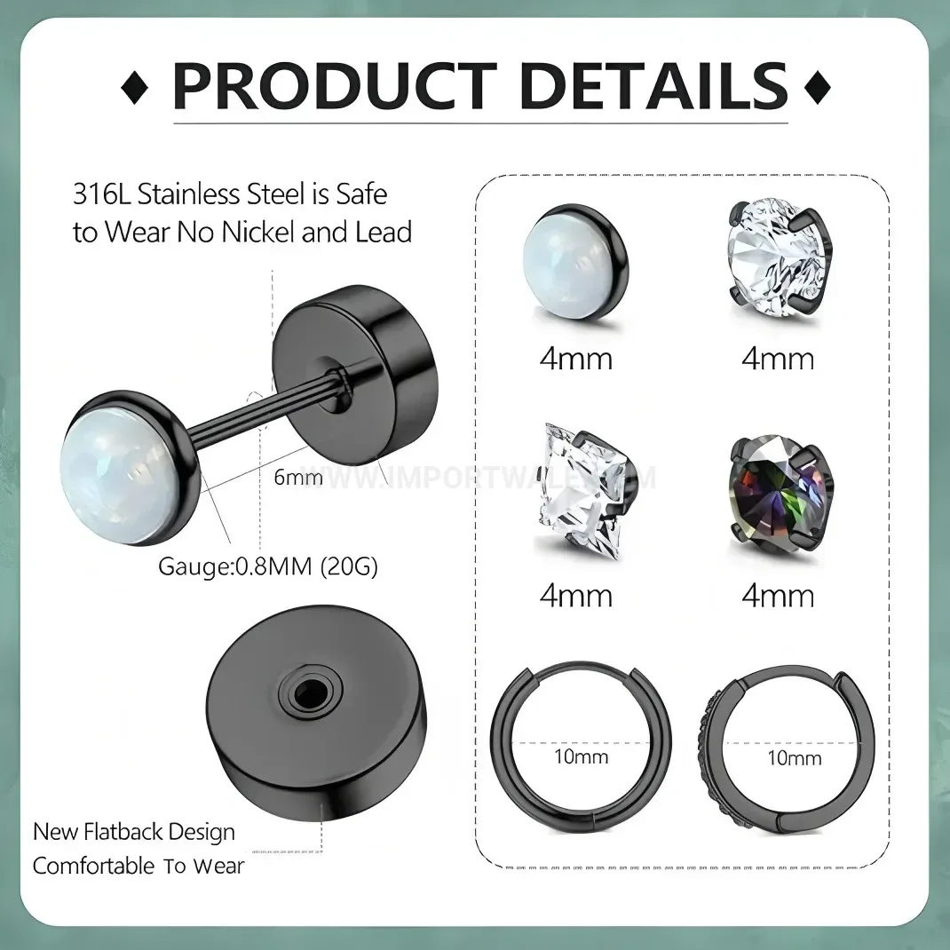 Fashion Stainless Steel Zircon Hoop And Stud Ear Piercing Set