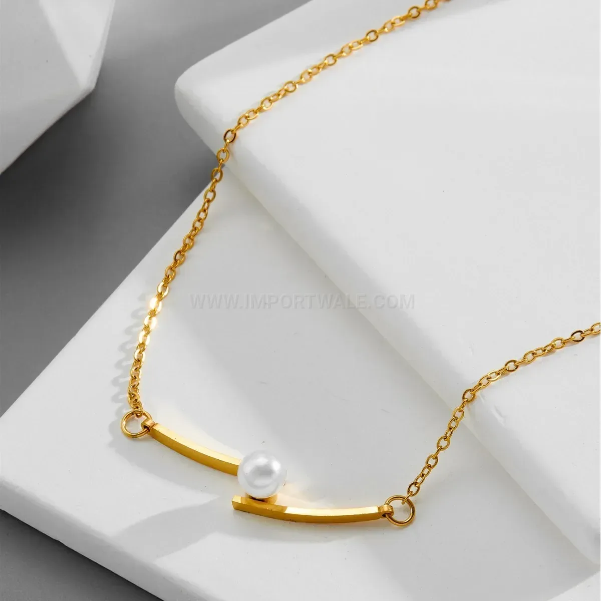 Designer Minimalist Curved Tube Pearl Pendant Titanium Steel Necklace