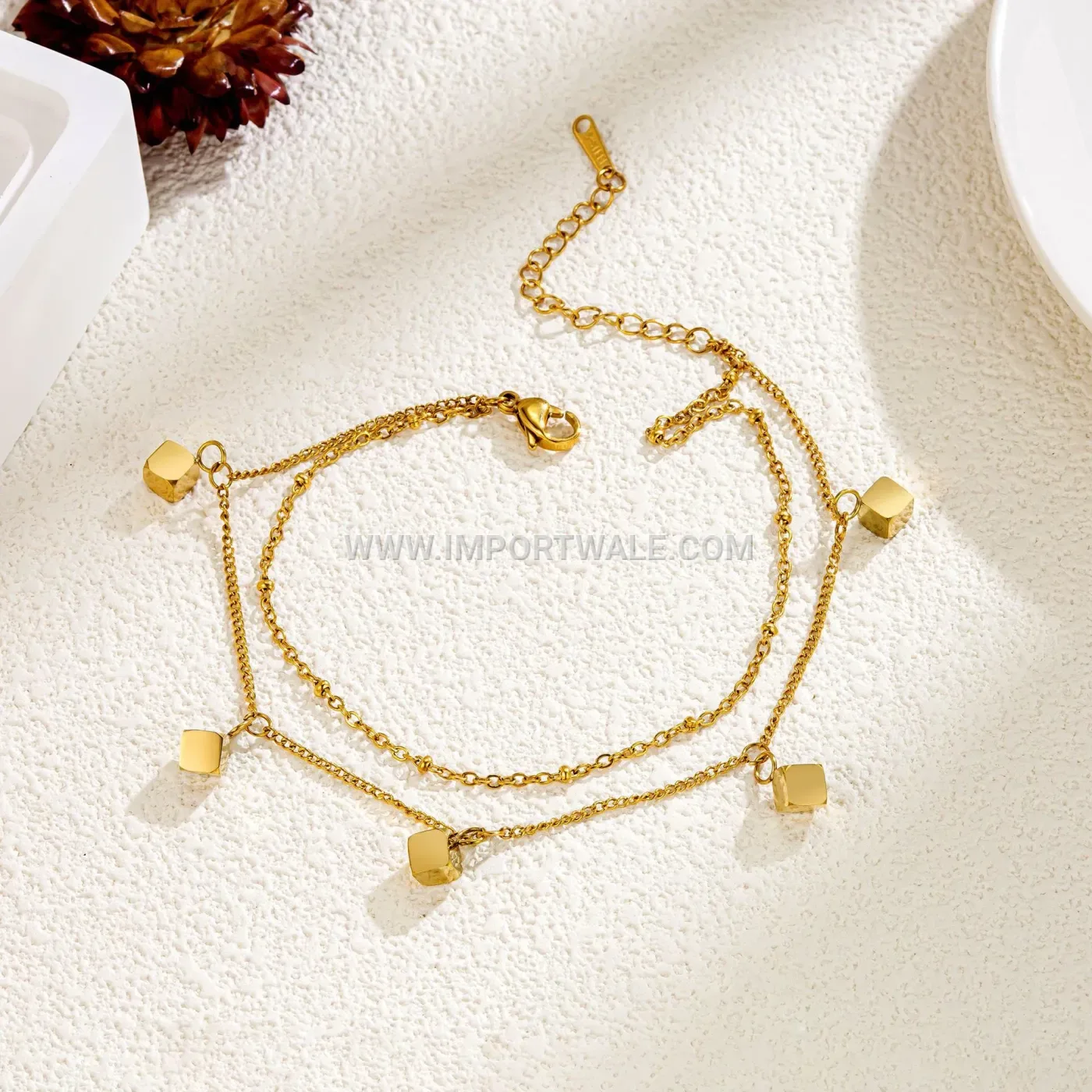 Double Layer Geometric Cube Stainless Steel Anklet Gold