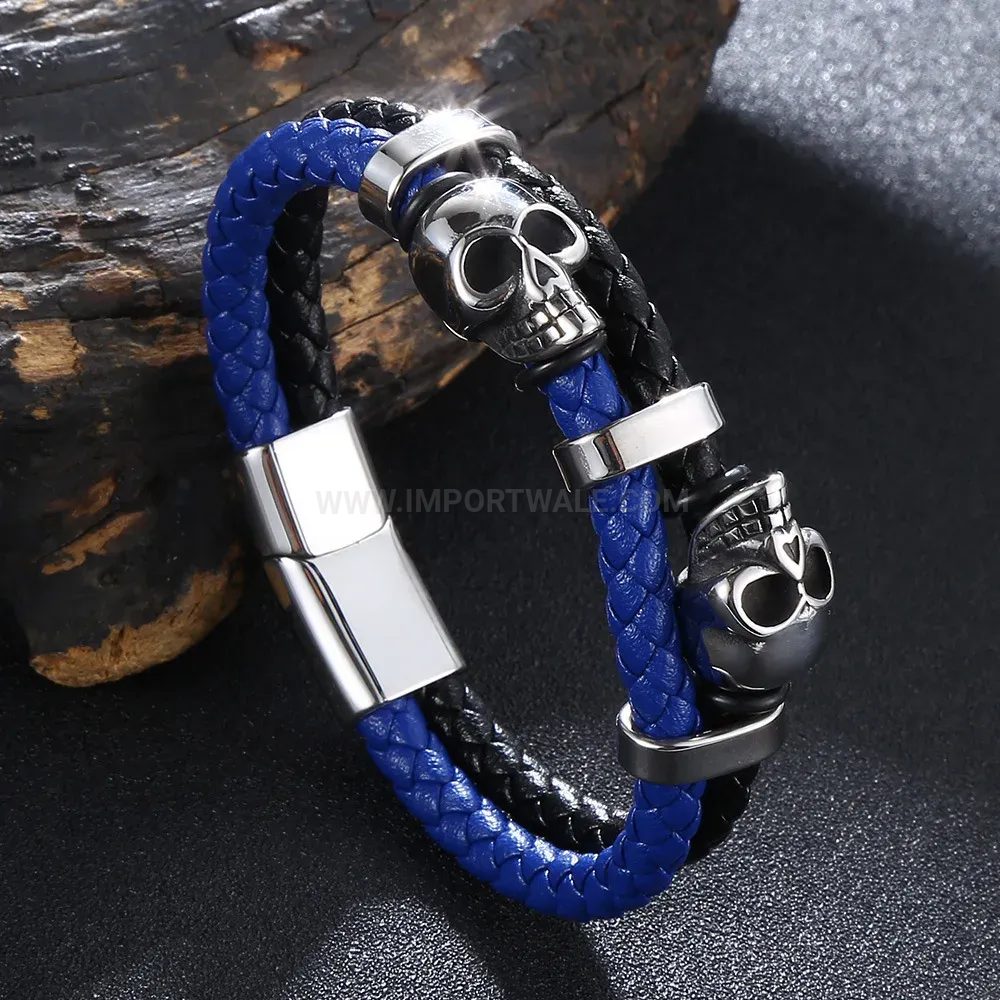 Fashion Dual-Tone Leather Skull Bracelet with Stainless Steel Magnetic Clasp