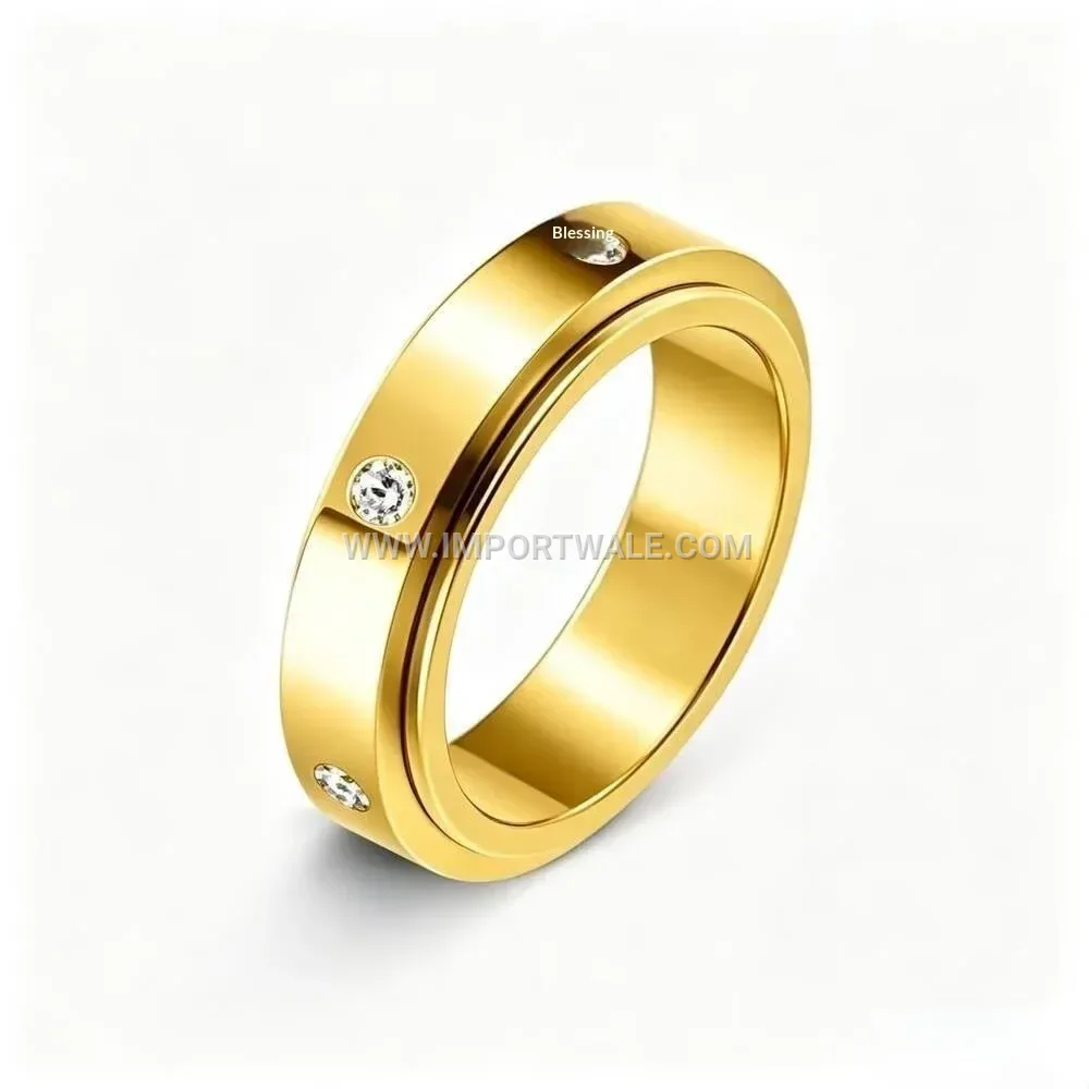 Gold Plated Stainless Steel Spinning Crystal Band Ring