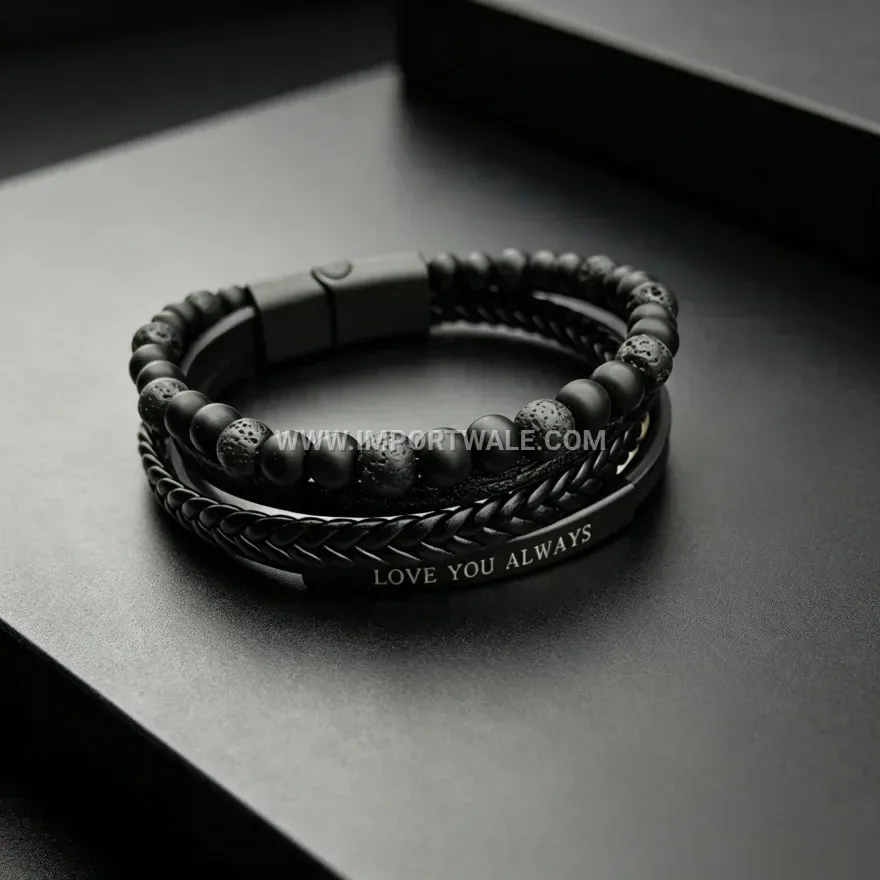 Multi-Strand Leather And Natural Stone Beads Wristband With Magnetic Clasp