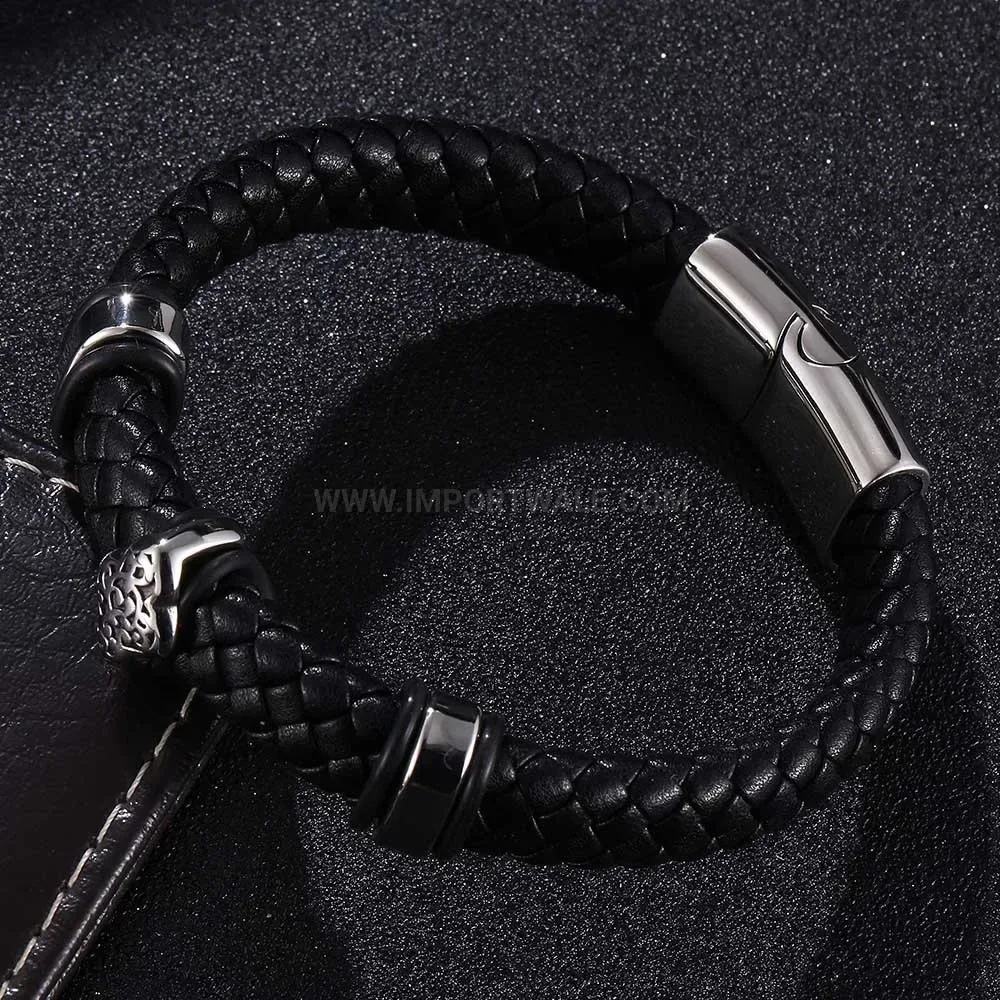 Braided Leather Stainless Steel Floral Accent Wrap Bracelet