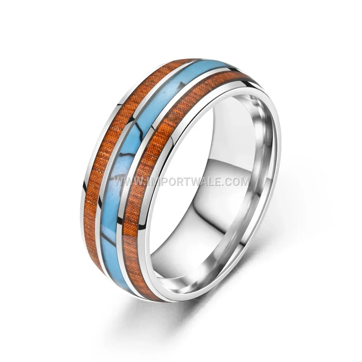 Turquoise and Acacia Wood Inlay Stainless Steel Ring
