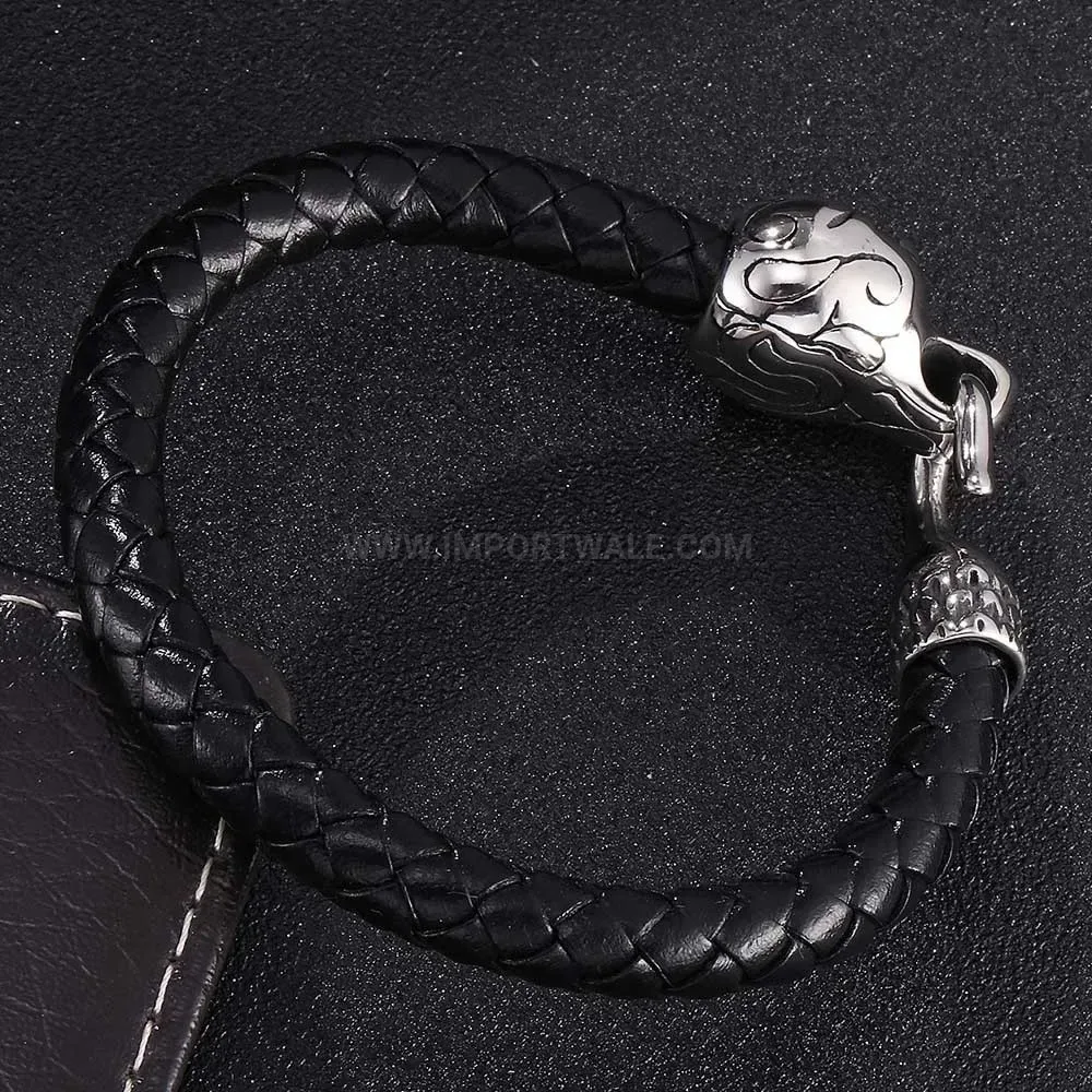 Bold Men's Stainless Steel Snake Clasp Woven Leather Bracelet