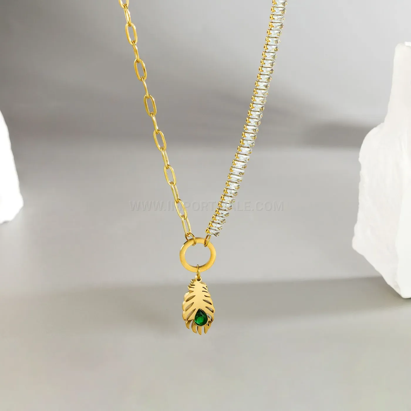 Trendy Gold Plated Feather Pendant Necklace with Green Crystal Accent