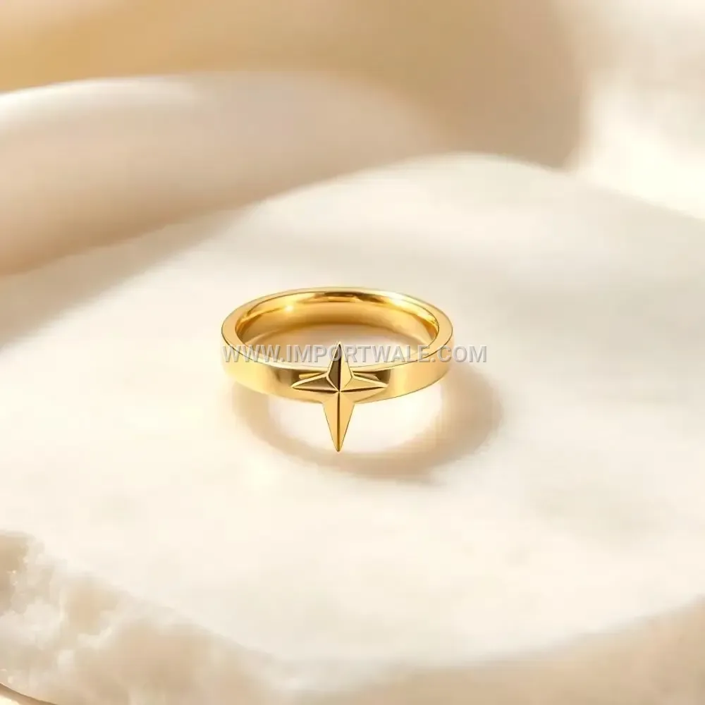 Cross Star Motif 18K Gold Plated Stainless Steel Ring