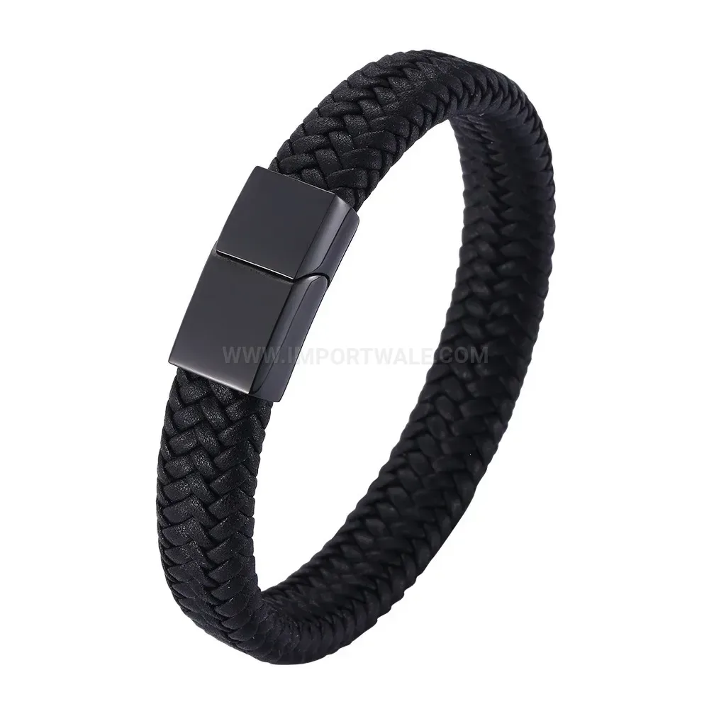 Black Woven Microfiber Leather Stainless Steel Bracelet
