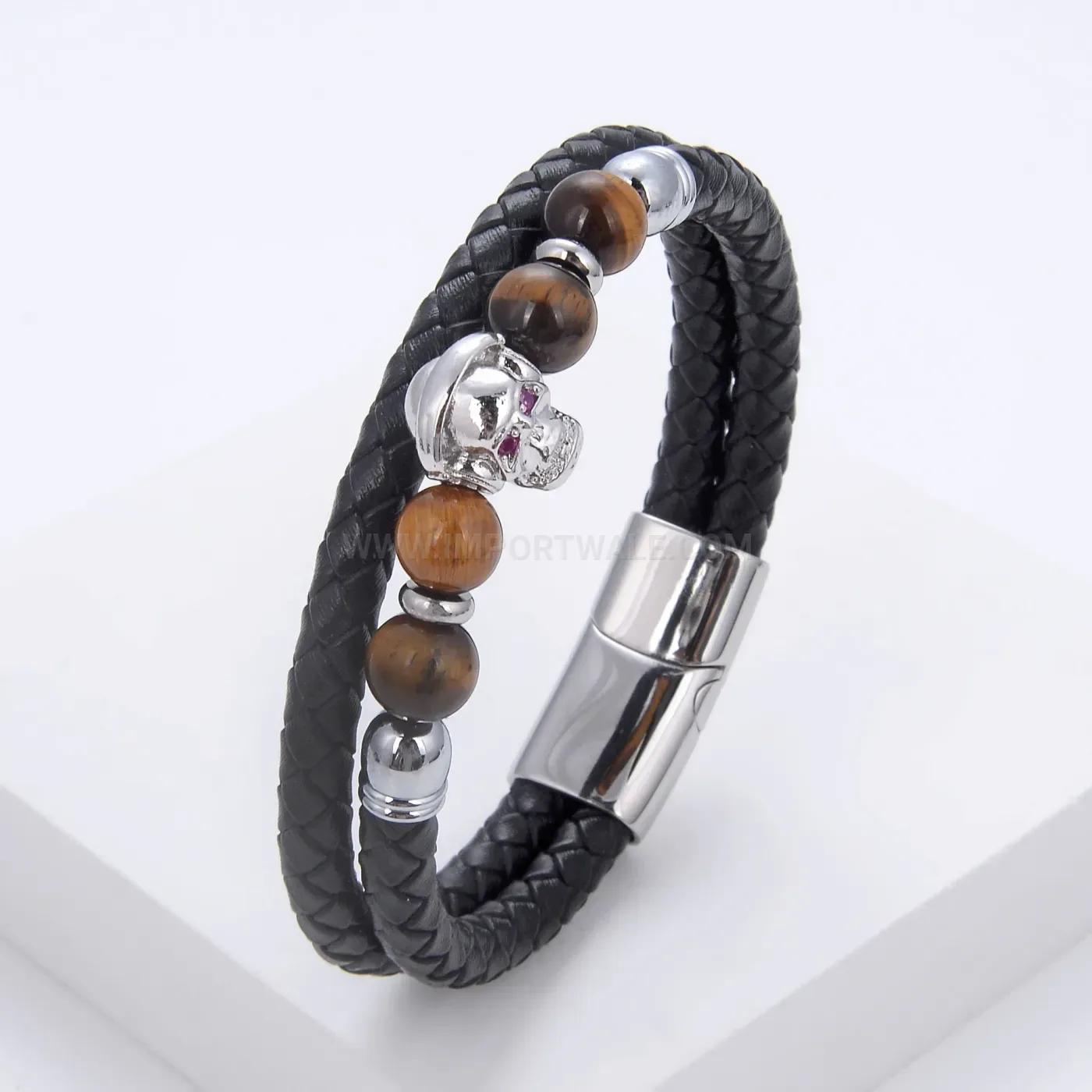 Double Layer Woven Leather Stone Bracelet with Skull Steel Clasp
