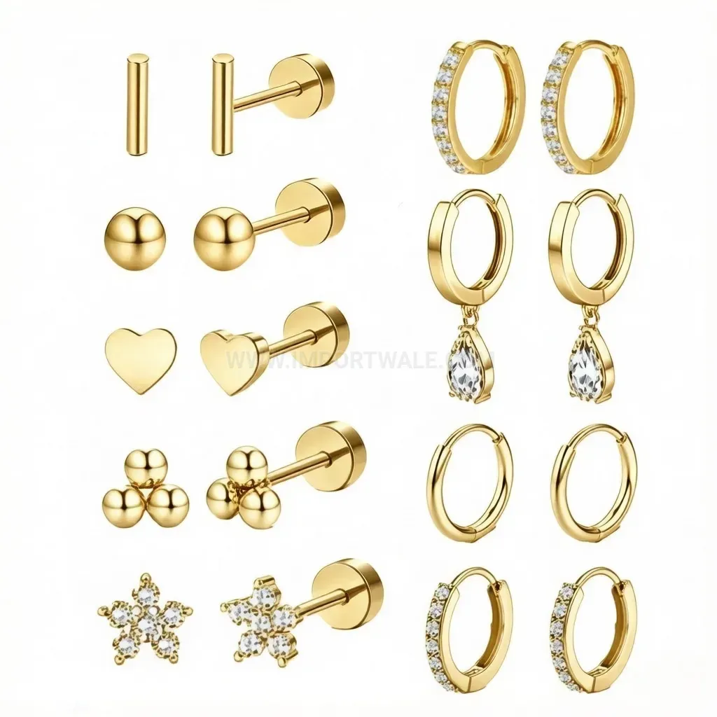 Premium Stainless Steel Zircon Floral Heart Ear Stud Piercing Set