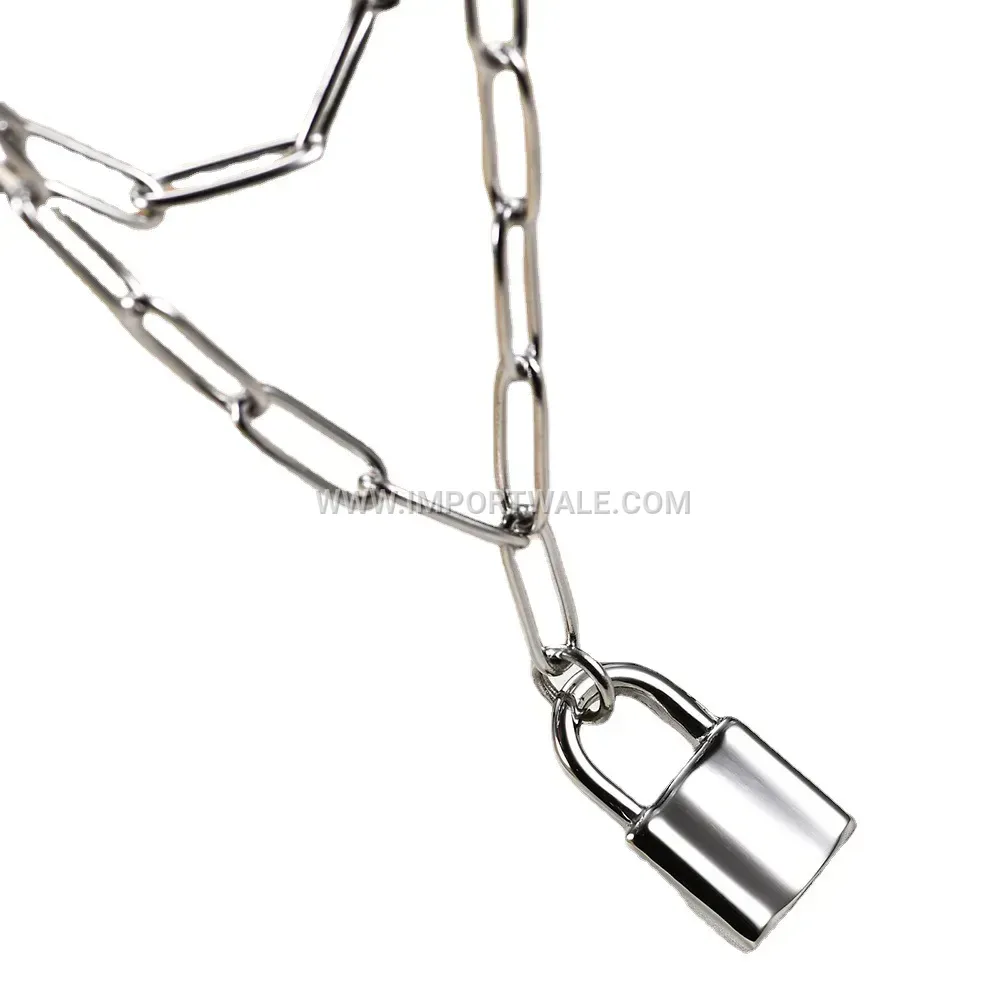 Stainless Steel Flat Cable Chain Padlock Pendant Necklace